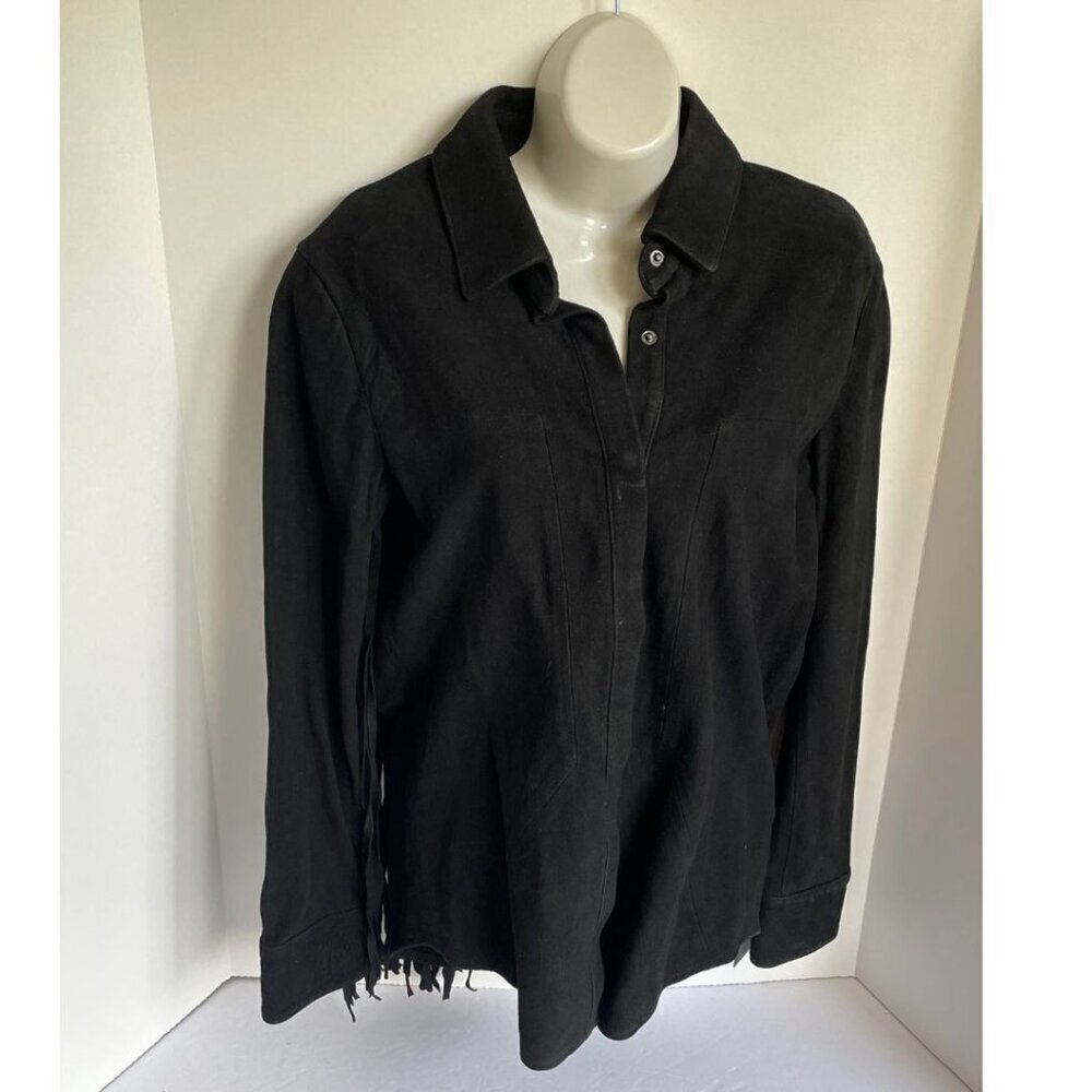 RTA Suede Shirt Jacket Womens Small Black Fringed Leather Snap Front Slim